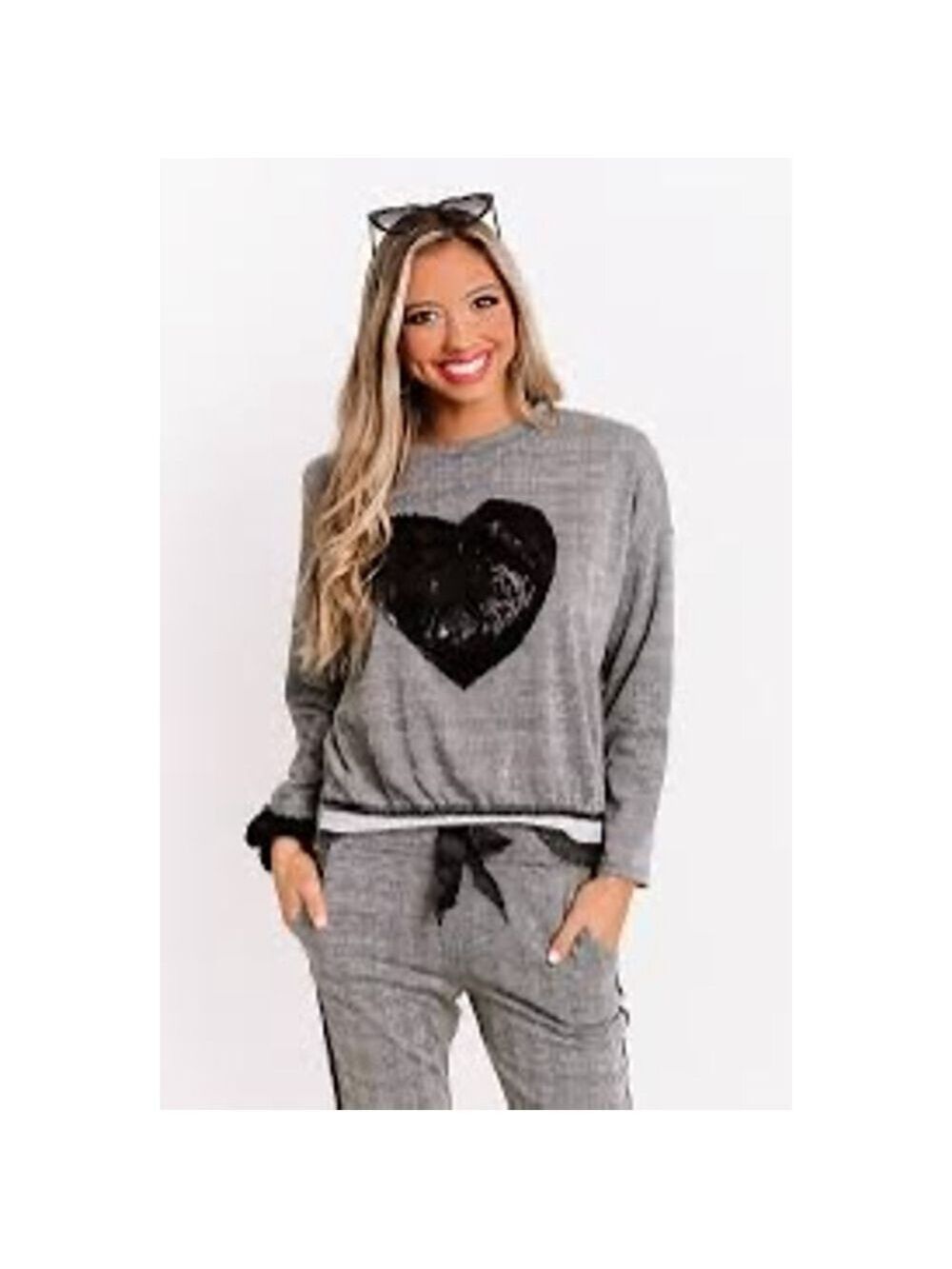 Towne Gray Plaid Sweatshirt with Black Sequin Heart, Size M (23” PTP)